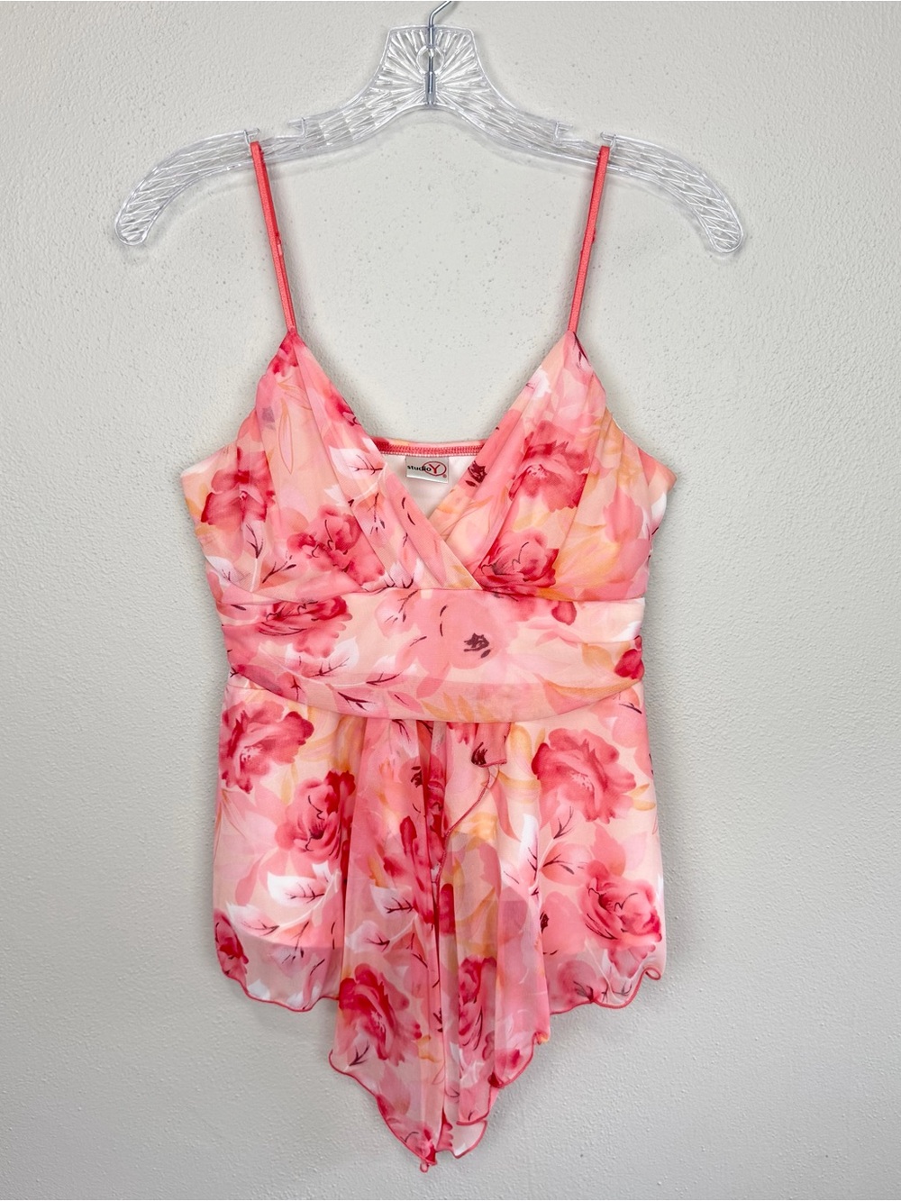 Vintage Y2K Studio Y Chiffon Fairycore Flutter Tank Top Pink Floral Size L